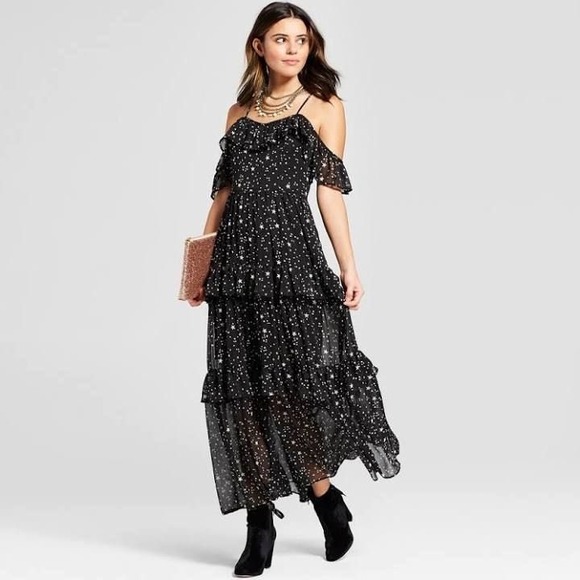 Xhilaration Dresses & Skirts - Cold Shoulder Maxi Dress Star Print Ruffle Tiered Black White Women L Whimsigoth